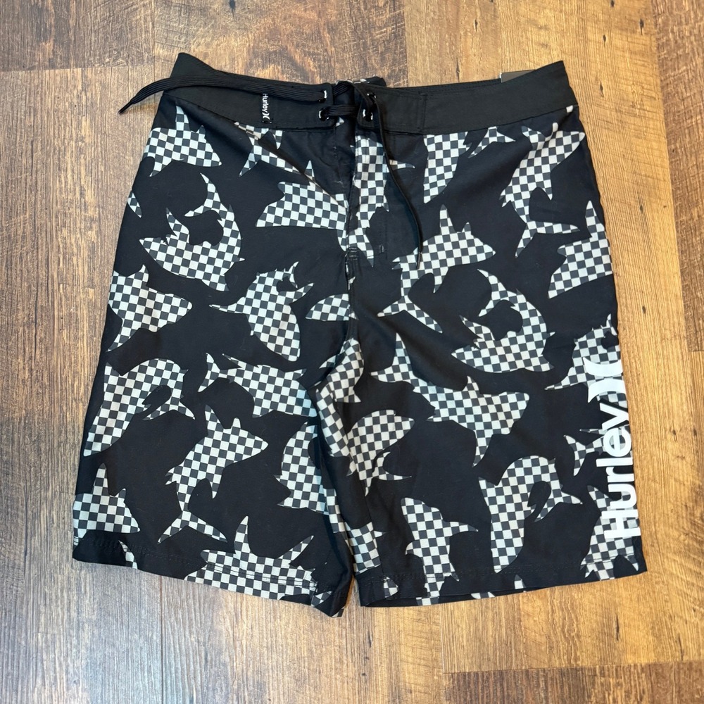 Hurley Board Shorts Black White Checkered Logo Swim Trunks Boys 14/27‎ Beachwear